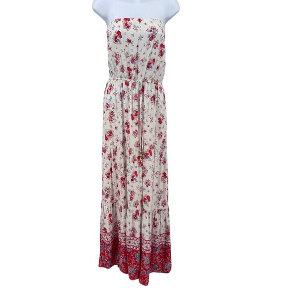 BeBop Maxi Dress White Red Womens S Floral Tiered Sundress Strapless Boho Summer - Picture 1 of 9
